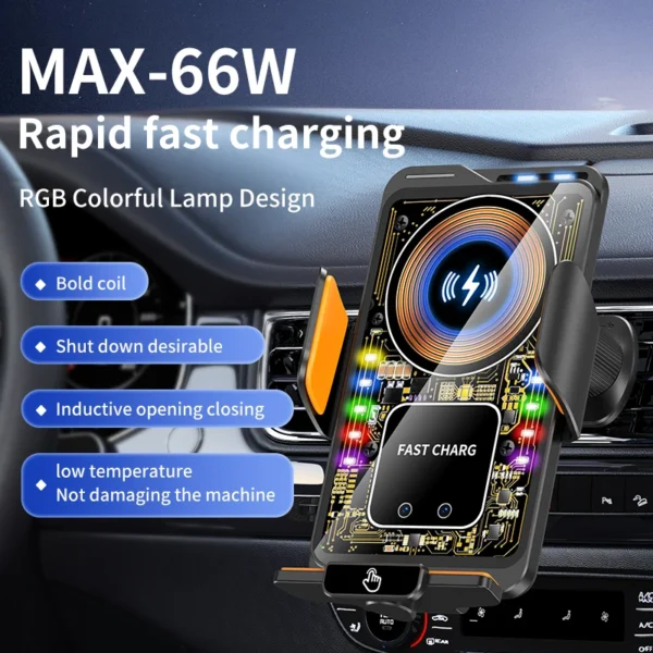 Max 66W Magnetic Car Phone Holder 15W Wireless Fast Charging Infrared Sensing with Light Touch Control for iPhone Android