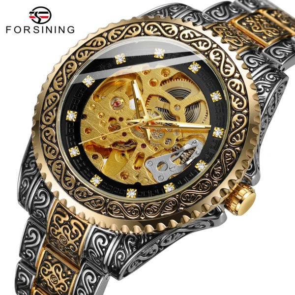 Forsining Luxury Men Automatic Mechanical Wristwatch Waterproof Stainless Steel 3D Diamond Watch Golden Mens Clock Vintage Reloj - Image 2