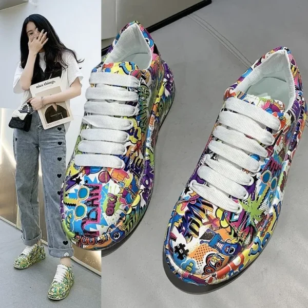 Thick-soled Increased Women's Sports Shoes Women 2021 New Women's Hand-painted Graffiti White Shoes Outdoor Casual Shoes - Image 6