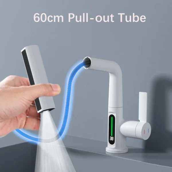 Waterfall Pull Out Kitchen Faucet White Intelligent Digital Display Cold Hot Mixer Taps Rotatable Sink Lifting Basin Faucet - Image 3