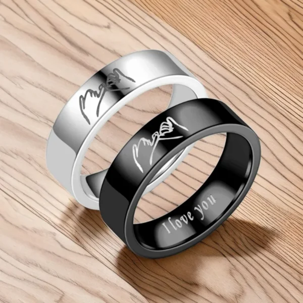 Fashionable And High-end Titanium Steel Ring Jewelry Gift For Couples Engraved With "I Love You" Letters And Hand-In-Hand Patter - Image 5