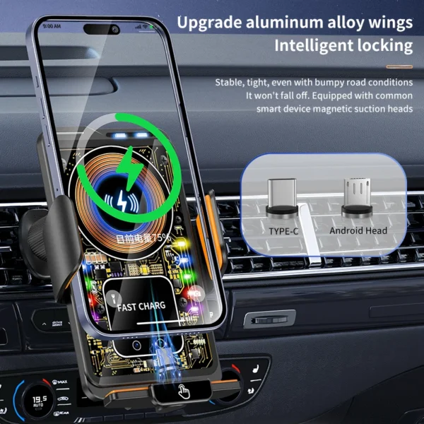 Max 66W Magnetic Car Phone Holder 15W Wireless Fast Charging Infrared Sensing with Light Touch Control for iPhone Android - Image 3