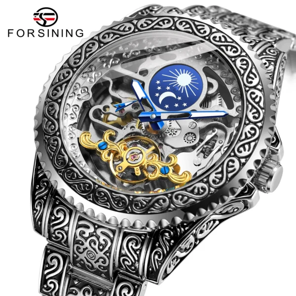 Forsining Luxury Transparent Skeleton Automatic Mechanical Wristwatch Stainless Steel Moonphase Watch Mens Clock reloj hombre - Image 2