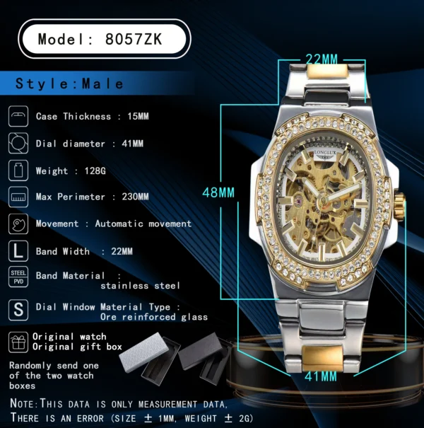 LONGLUX automatic man watch luxury stainless steel wholesale mechanical wristwatches skeleton waterproof diamond watch man watch - Image 4