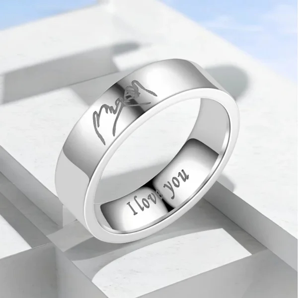 Fashionable And High-end Titanium Steel Ring Jewelry Gift For Couples Engraved With "I Love You" Letters And Hand-In-Hand Patter - Image 3