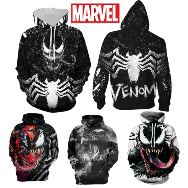 Marvel Venom Hooded Sweatshirt Superhero Fashion Man's Fall Winter Warm 3D Print Hoodie Casual Outdoor Hiking Sports Tops Gifts