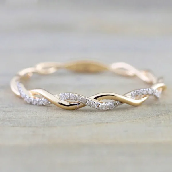 Huitan Simple Stylish Women Thin Rings Fancy Twist Band Shiny Crystal Cubic Zircon Daily Wear Versatile Jewelry Minimalist Gift