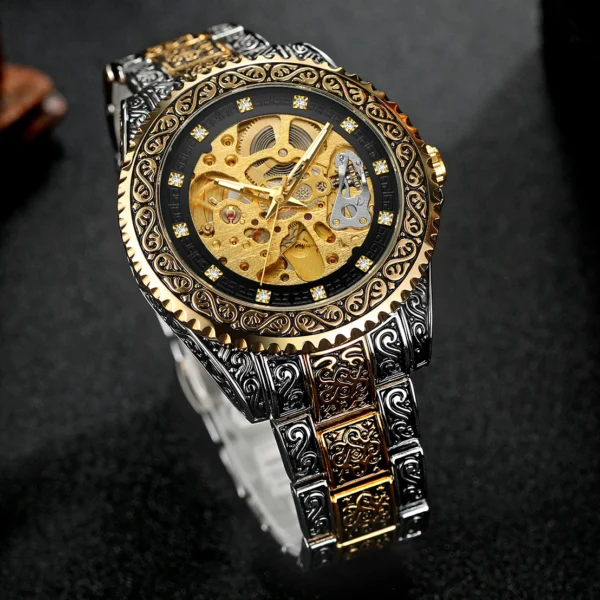 Forsining Luxury Men Automatic Mechanical Wristwatch Waterproof Stainless Steel 3D Diamond Watch Golden Mens Clock Vintage Reloj